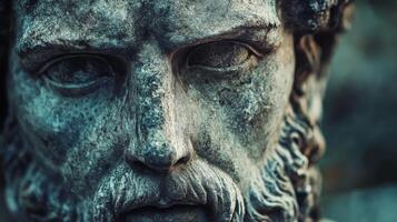 Ancient stone statue close-up with intense expression and detailed features photo