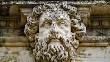 Ancient stone sculpture of bearded male face with detailed features photo