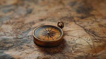 Antique brass compass on vintage map charting historical exploration journeys photo