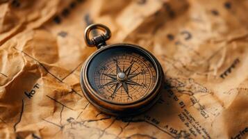 Antique brass compass on vintage map background with intricate details photo