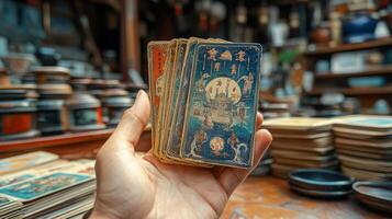 Asian decorated tarot cards held by hand in antique shop setting photo