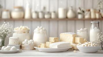 Assortment of dairy products on rustic wooden table photo