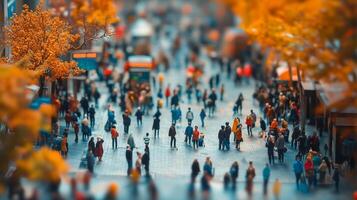 Autumn city scene with diverse crowd in vibrant urban setting photo