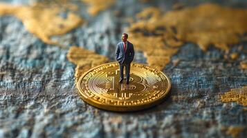 Businessman on bitcoin coin mapping global cryptocurrency impact photo