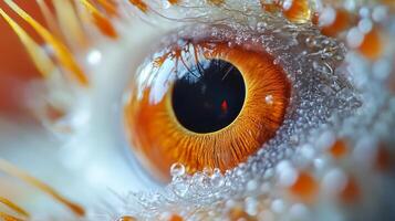 Close-up of a human eye with amber iris and water droplets photo