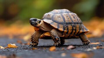 Close-up of a tortoise on a leaf-strewn pathway in autumn setting photo