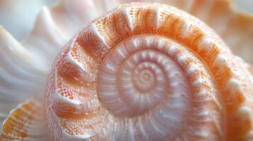 Close-up of a spiraled seashell with intricate patterns and textures photo