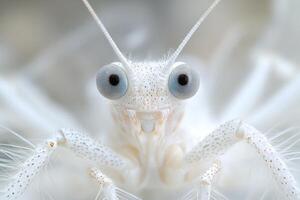 Close-up of a white mantis with detailed eyes and antennae photo