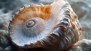 Close-up of an intricate seashell with natural patterns and textures photo
