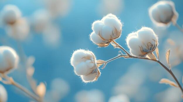 Close-up of cotton bolls on branches against soft blue background photo