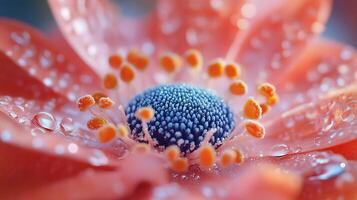 Close-up of dew-kissed vibrant orange flower with blue center photo