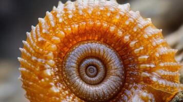 Close-up of orange sea snail shell with intricate spiral pattern photo