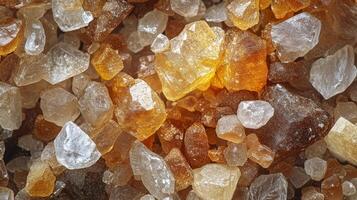 Close-up of raw brown and white sugar crystals in various sizes and shapes photo