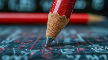 Close-up of red pencil tip on mathematical calculations with numbers photo