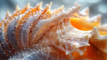Close-up of sea shell with water droplets and textured surface photo