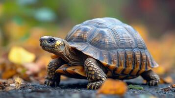Close-up of tortoise on leaf-strewn path with detailed shell texture photo