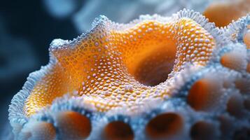 Close-up of vibrant orange and blue coral polyps in underwater scene photo
