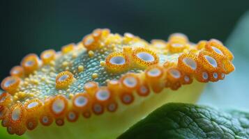 Close-up of vibrant orange and yellow fungal growth on green leaf surface photo