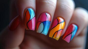 Colorful abstract nail art with vibrant swirl design on female hand photo