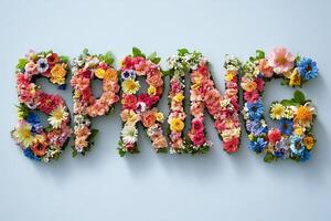 Colorful floral arrangement spelling spring with vibrant flowers on light background photo