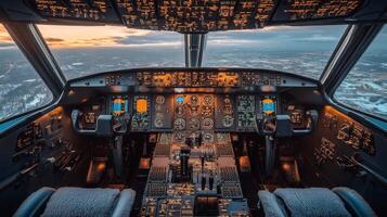 Cockpit view of commercial airplane during sunset with cityscape below photo