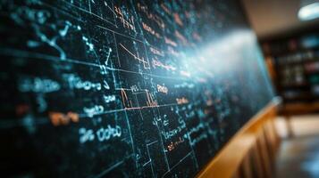 Complex mathematical equations on chalkboard in academic setting photo