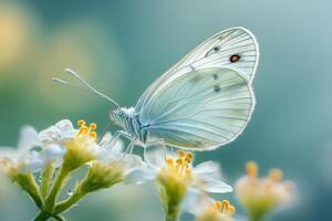 Delicate white butterfly resting on blossoming flowers against soft green background photo