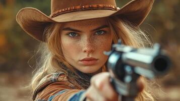 Determined young caucasian female cowboy aiming revolver with focused expression photo