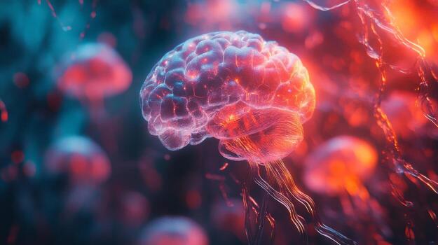 Digital brain with neon jellyfish in underwater cyber ocean photo