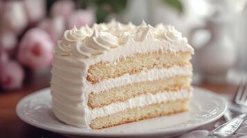 Delicious triple layer vanilla cake with whipped cream frosting on plate photo