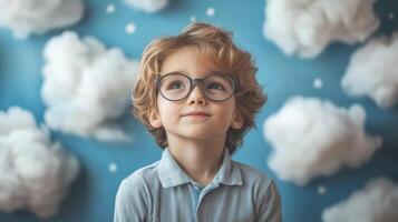 Dreamy caucasian child with glasses gazing at cloudy sky photo