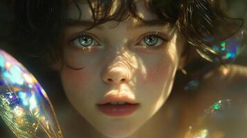 Dreamy portrait of a young female with freckles and sparkling elements photo