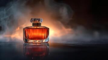 Elegant amber perfume bottle with smoky background and captivating glow photo