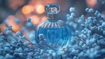 Elegant blue perfume bottle amidst delicate cotton blossoms in soft light photo