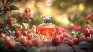 Elegant glass perfume bottle amidst lush berries on rustic wooden table photo