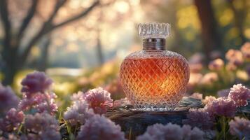 Elegant crystal perfume bottle in blooming garden setting with soft morning light photo