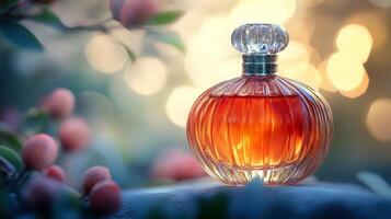 Elegant glass perfume bottle with warm golden glow among soft pink blossoms photo
