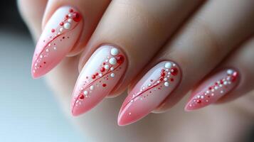 Elegant pink gradient manicure with red and white nail art design photo