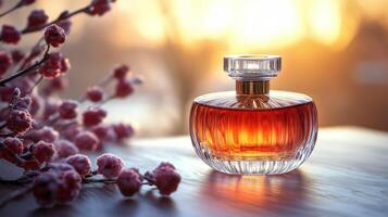 Elegant perfume bottle with floral arrangement in warm light photo