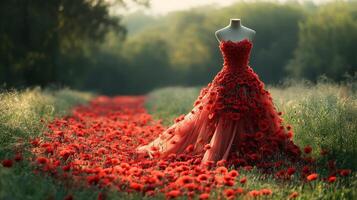Elegant red gown on mannequin in poppy field at sunrise photo