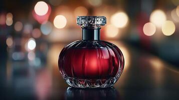 Elegant red perfume bottle on reflective surface with golden bokeh lights photo