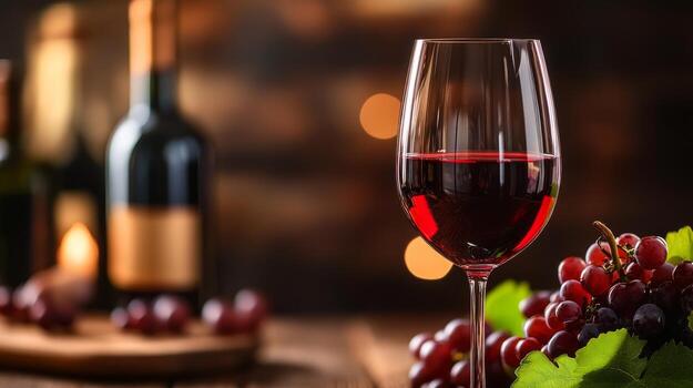 Elegant red wine glass with grapes and bottle on rustic wooden table photo