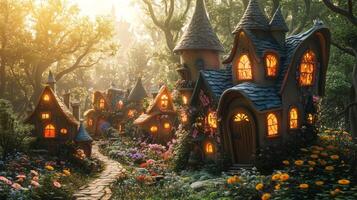 Enchanted fairy tale village with glowing cottages in a magical forest photo