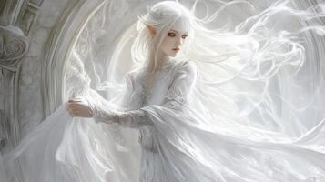 Enchanting elven female with flowing white hair and elegant attire in mystical light photo
