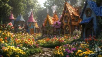 Enchanting colorful fairy tale village with whimsical cottages and vibrant flowers photo