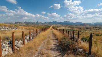Endless path through scenic valley with fence and mountains under cloudy sky photo