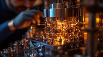 Engineer adjusting quantum computer components in a high-tech lab photo