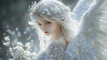 Ethereal angelic figure with floral crown and white wings in serene setting photo