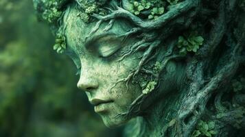 Fantasy nature spirit with tree texture and leaf adornments photo