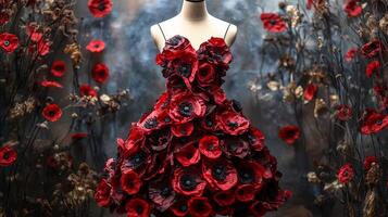 Exquisite floral gown with vibrant red poppies in enchanting garden setting photo